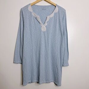 Talbots Cotton Tunic Beaded Neckline White/Blue Striped Large‎ Coastal Casual